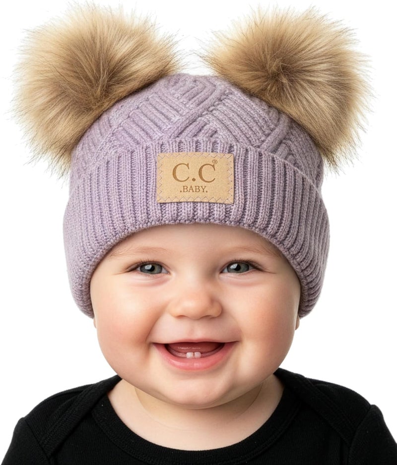 Funky Junque Double Pom Pom Baby Beanie – Newborn Girl Winter Hat 0–12 Months, Cute Cozy Knit Infant Beanies for Cold Weather - Image 1